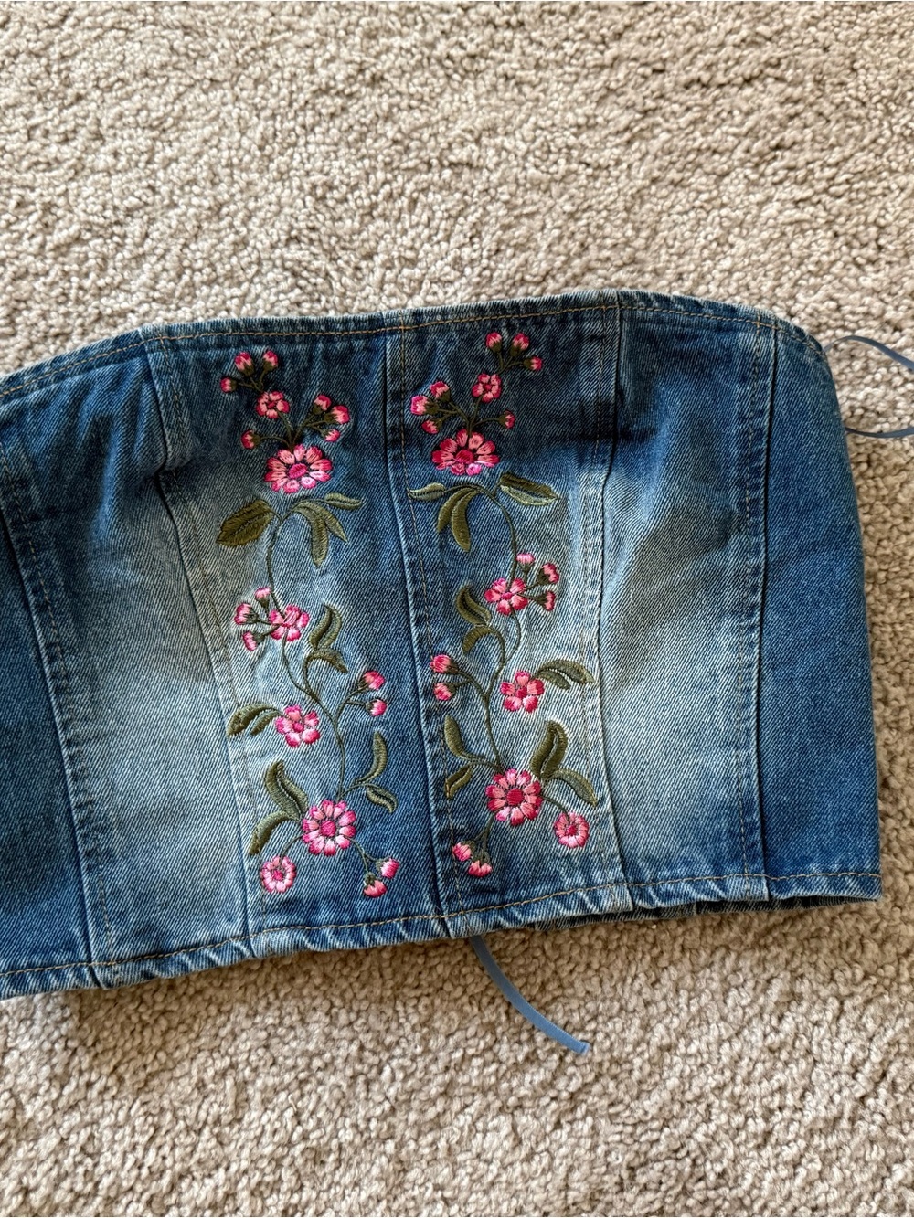 Denim Embroidered Strapless Bustier Top — Pink Floral (PacSun)